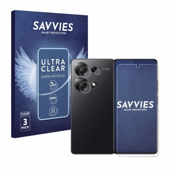 Front side of a product packaging with the brand logo Savvies. Next to it is the device Xiaomi Redmi Note 13 Pro 4G (Front+Cam