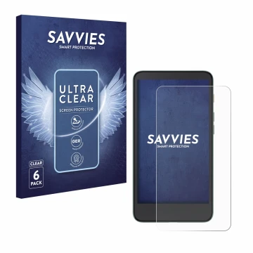Front side of a product packaging with the brand logo Savvies. Next to it is the device Xiaomi Moaan InkPalm 5 shown with the 