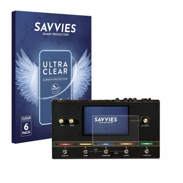 Front side of a product packaging with the brand logo Savvies. Next to it is the device Headrush Core shown with the correspon