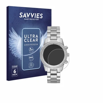 Front side of a product packaging with the brand logo Savvies. Next to it is the device Michael Kors Ritz MK6428 shown with th