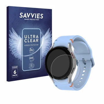 Front side of a product packaging with the brand logo Savvies. Next to it is the device Samsung Galaxy Watch FE shown with the