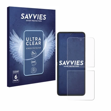 Front side of a product packaging with the brand logo Savvies. Next to it is the device Blackview Hero 10 (Front display) show