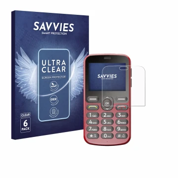 Front side of a product packaging with the brand logo Savvies. Next to it is the device Doro 1880 shown with the corresponding