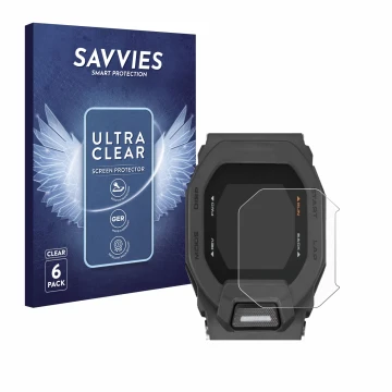 Front side of a product packaging with the brand logo Savvies. Next to it is the device Casio G-Shock GBD-200 shown with the c