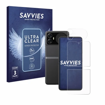 Front side of a product packaging with the brand logo Savvies. Next to it is the device Blackview Hero 10 (Front+Back) shown w