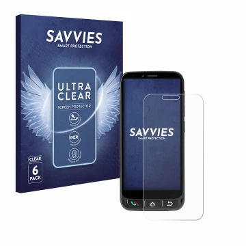 Front side of a product packaging with the brand logo Savvies. Next to it is the device SPC Zeus 4G Pro shown with the corresp