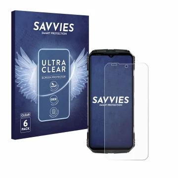 Front side of a product packaging with the brand logo Savvies. Next to it is the device Doogee S118 shown with the correspondi