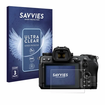 Front side of a product packaging with the brand logo Savvies. Next to it is the device Nikon Z6 III shown with the correspond