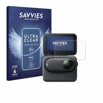 Front side of a product packaging with the brand logo Savvies. Next to it is the device Insta360 Go 3S shown with the correspo