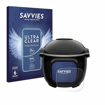 Front side of a product packaging with the brand logo Savvies. Next to it is the device Moulinex Cookeo Touch shown with the c