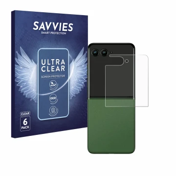 Front side of a product packaging with the brand logo Savvies. Next to it is the device Motorola Razr 50 Ultra (Back display) 