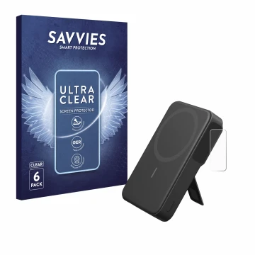 Front side of a product packaging with the brand logo Savvies. Next to it is the device Anker MagGo shown with the correspondi