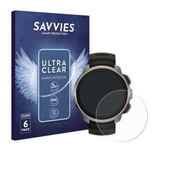 Front side of a product packaging with the brand logo Savvies. Next to it is the device Suunto Ocean shown with the correspond