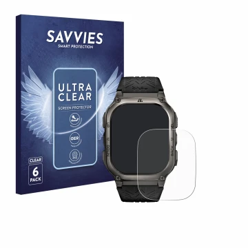 Front side of a product packaging with the brand logo Savvies. Next to it is the device Kospet Tank M3 shown with the correspo