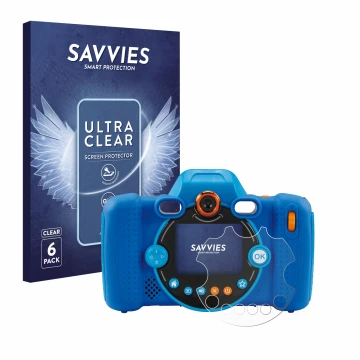 Front side of a product packaging with the brand logo Savvies. Next to it is the device Vtech Kidizoom Duo FX shown with the c