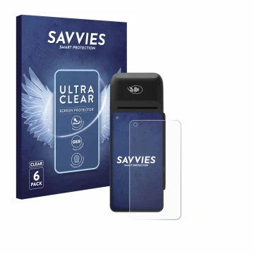 Front side of a product packaging with the brand logo Savvies. Next to it is the device Verifone T650c shown with the correspo