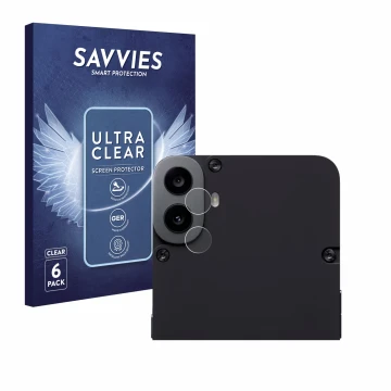 Front side of a product packaging with the brand logo Savvies. Next to it is the device Nothing CMF Phone 1 (ONLY Camera Lens)