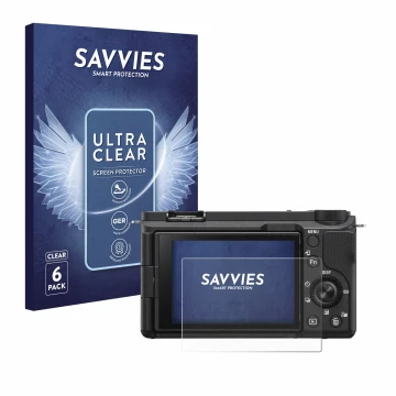 Front side of a product packaging with the brand logo Savvies. Next to it is the device Sony Alpha ZV-E10 II shown with the co
