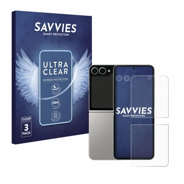 Front side of a product packaging with the brand logo Savvies. Next to it is the device Samsung Galaxy Z Flip 6 (Front+Camera)