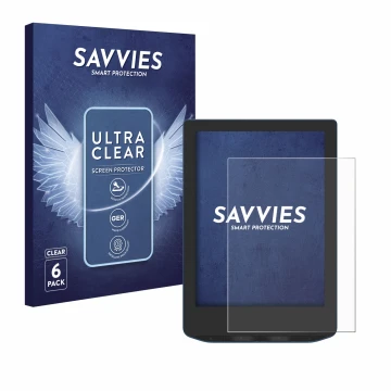 Front side of a product packaging with the brand logo Savvies. Next to it is the device PocketBook Verse Pro Color shown with 