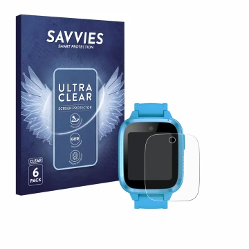 Front side of a product packaging with the brand logo Savvies. Next to it is the device Xplora Kidzi Watch shown with the corr