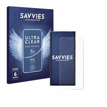 Front side of a product packaging with the brand logo Savvies. Next to it is the device HMD Skyline shown with the correspondi