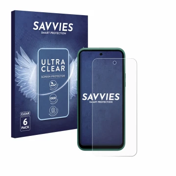 Front side of a product packaging with the brand logo Savvies. Next to it is the device Nokia XR21 Limited Edition shown with 