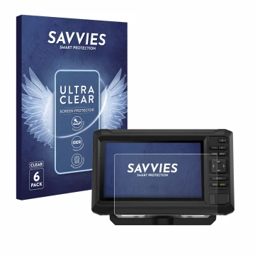 Front side of a product packaging with the brand logo Savvies. Next to it is the device Garmin ECHOMAP UHD2 7