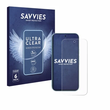 Front side of a product packaging with the brand logo Savvies. Next to it is the device Google Pixel 9 Pro shown with the corr