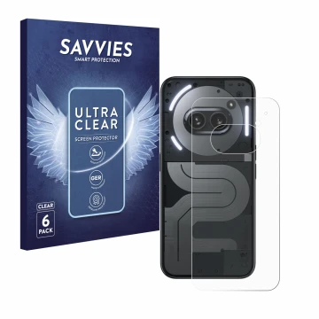 Front side of a product packaging with the brand logo Savvies. Next to it is the device Nothing Phone (2a) Plus (Back) shown w