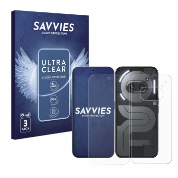 Front side of a product packaging with the brand logo Savvies. Next to it is the device Nothing Phone (2a) Plus (Front+Back) s