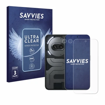 Front side of a product packaging with the brand logo Savvies. Next to it is the device Nothing Phone (2a) Plus (Front+Camera)