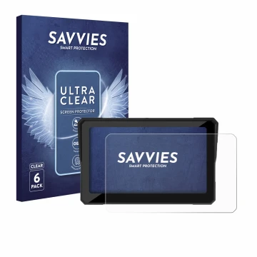 Front side of a product packaging with the brand logo Savvies. Next to it is the device Carpuride W702B 7
