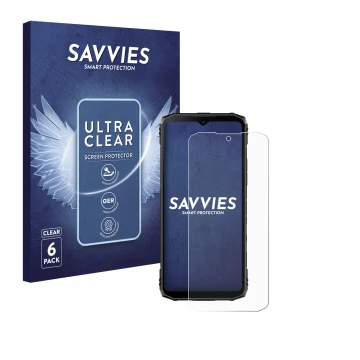 Front side of a product packaging with the brand logo Savvies. Next to it is the device Doogee Blade 10 Ultra shown with the c