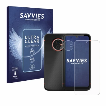 Front side of a product packaging with the brand logo Savvies. Next to it is the device Gigaset GX4 Pro (Front+Camera) shown w
