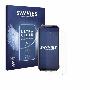 Front side of a product packaging with the brand logo Savvies. Next to it is the device Doogee V40 Pro shown with the correspo