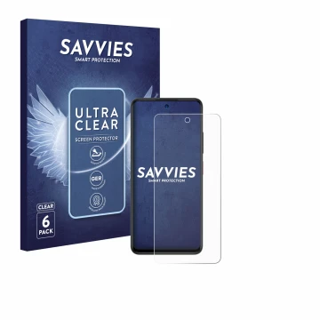 Front side of a product packaging with the brand logo Savvies. Next to it is the device ZTE Blade A75 5G shown with the corres