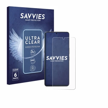 Front side of a product packaging with the brand logo Savvies. Next to it is the device Cubot Max 5 shown with the correspondi
