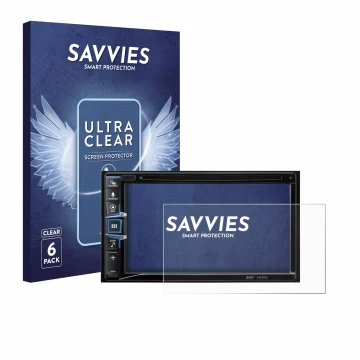 Front side of a product packaging with the brand logo Savvies. Next to it is the device Alpine INE-W611D shown with the corres
