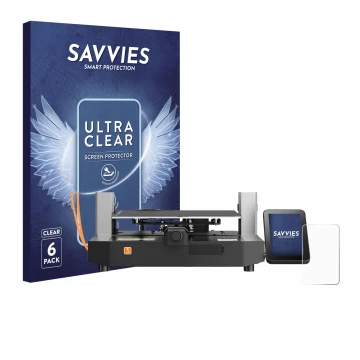 Front side of a product packaging with the brand logo Savvies. Next to it is the device Anycubic Kobra 3 shown with the corres