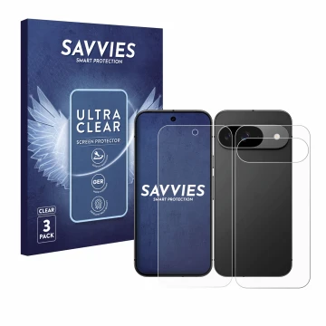Front side of a product packaging with the brand logo Savvies. Next to it is the device Google Pixel 9 (Front+Back) shown with