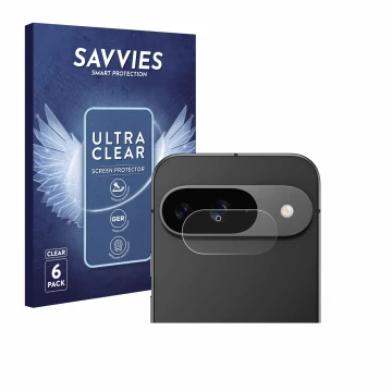 Front side of a product packaging with the brand logo Savvies. Next to it is the device Google Pixel 9 (ONLY Camera Lens) show