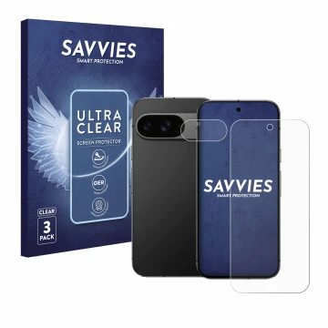 Front side of a product packaging with the brand logo Savvies. Next to it is the device Google Pixel 9 (Front+Camera) shown wi