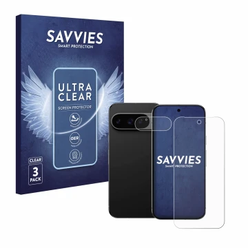 Front side of a product packaging with the brand logo Savvies. Next to it is the device Google Pixel 9 Pro (Front+Camera) show
