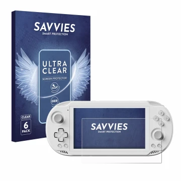 Front side of a product packaging with the brand logo Savvies. Next to it is the device AYN Odin 2 Mini shown with the corresp