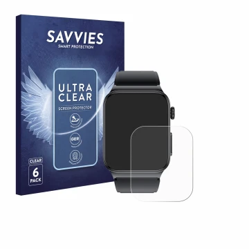 Front side of a product packaging with the brand logo Savvies. Next to it is the device andoer Smartwatch 1.85