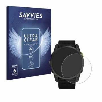 Front side of a product packaging with the brand logo Savvies. Next to it is the device Garmin Enduro 3 shown with the corresp