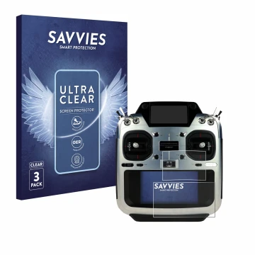 Front side of a product packaging with the brand logo Savvies. Next to it is the device Futaba T26SZ shown with the correspond