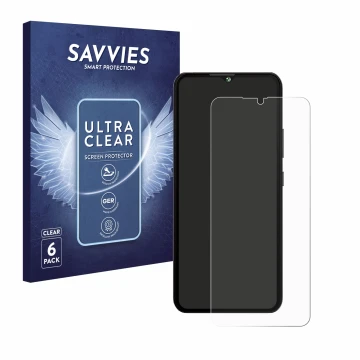 Front side of a product packaging with the brand logo Savvies. Next to it is the device Cubot A10 shown with the corresponding
