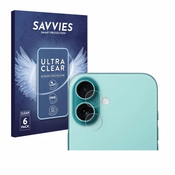 Front side of a product packaging with the brand logo Savvies. Next to it is the device Apple iPhone 16 (ONLY Camera Lens) sho